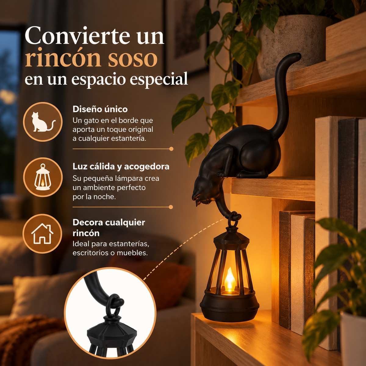 Gato con farol que da vida a tu rincón